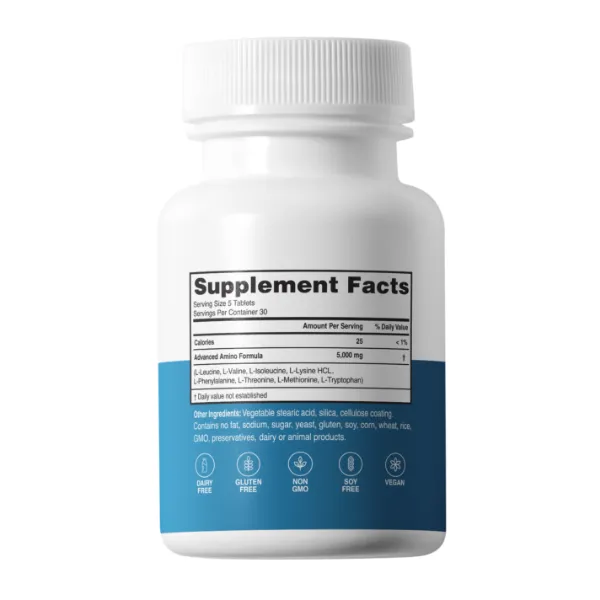 Advanced Amino Formula supplement facts label — 5 tablets per serving, 30 servings, vegan gluten-free non-GMO