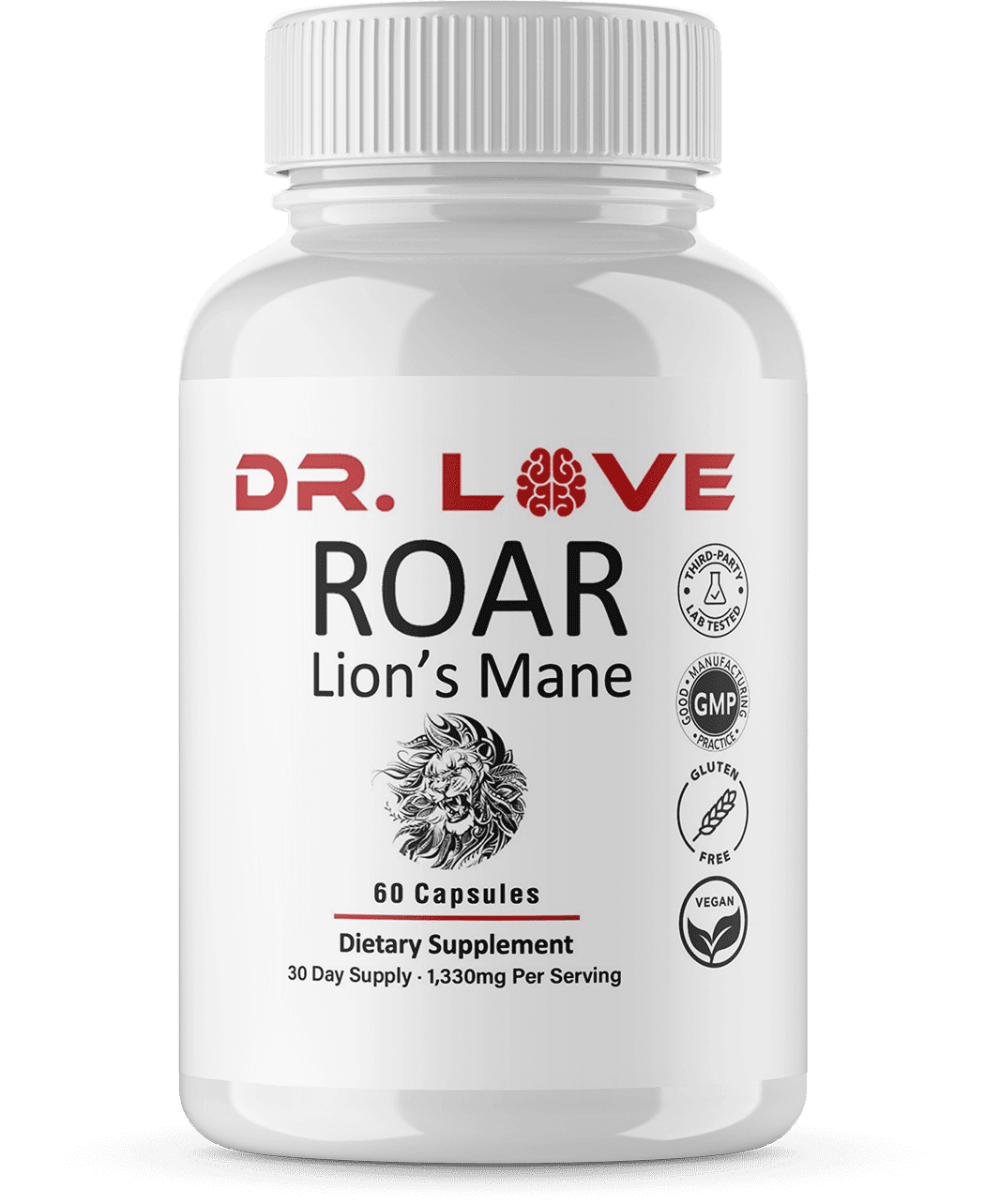 Roar Lion's Mane Dr. Love brain health supplement bottle